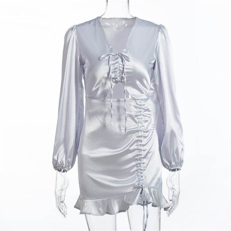 Sexy V-Neck Drawstring Pleated Dress