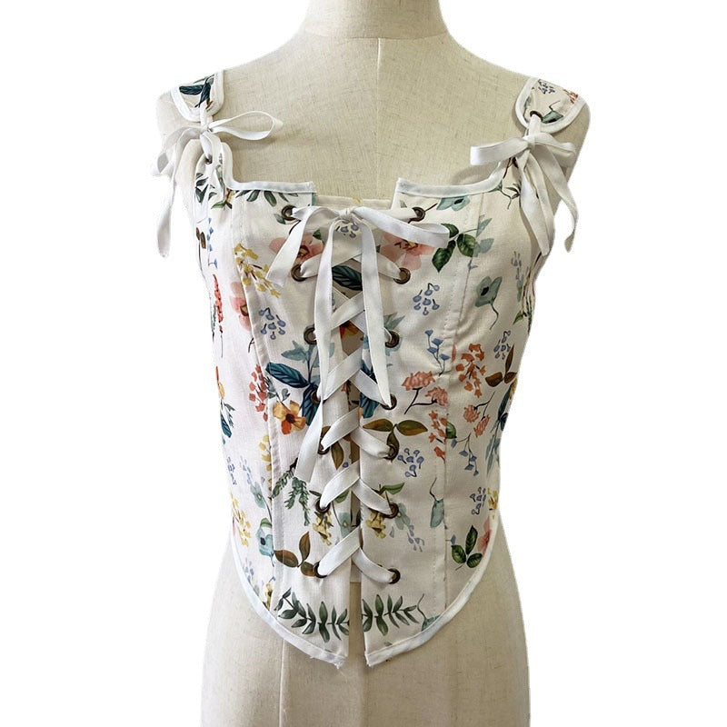 French Retro Wrap Chest Floral Vest