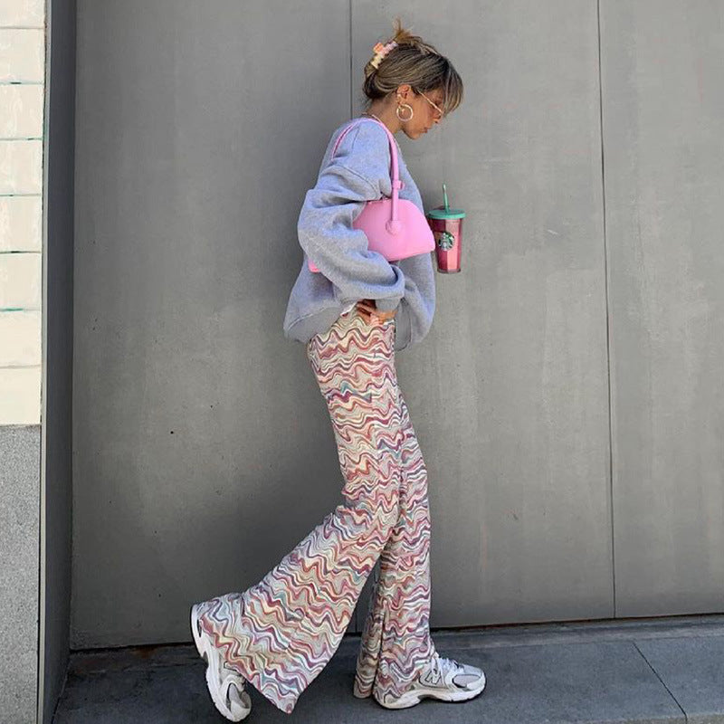 Slim Temperament High Waist Corrugated Flared Pants