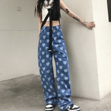 Loose Straight Leg Love Design Denim Pants