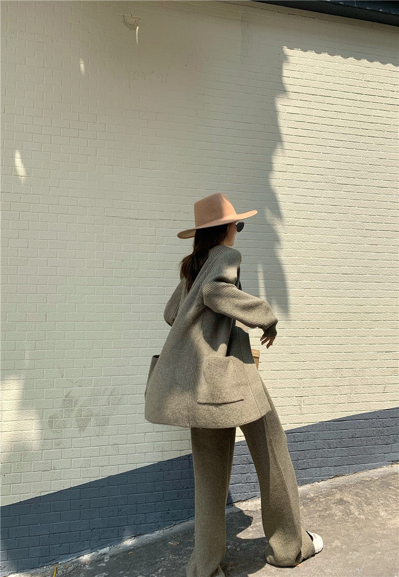 Knit Sweater & Straight Wide Leg Trousers Two peices