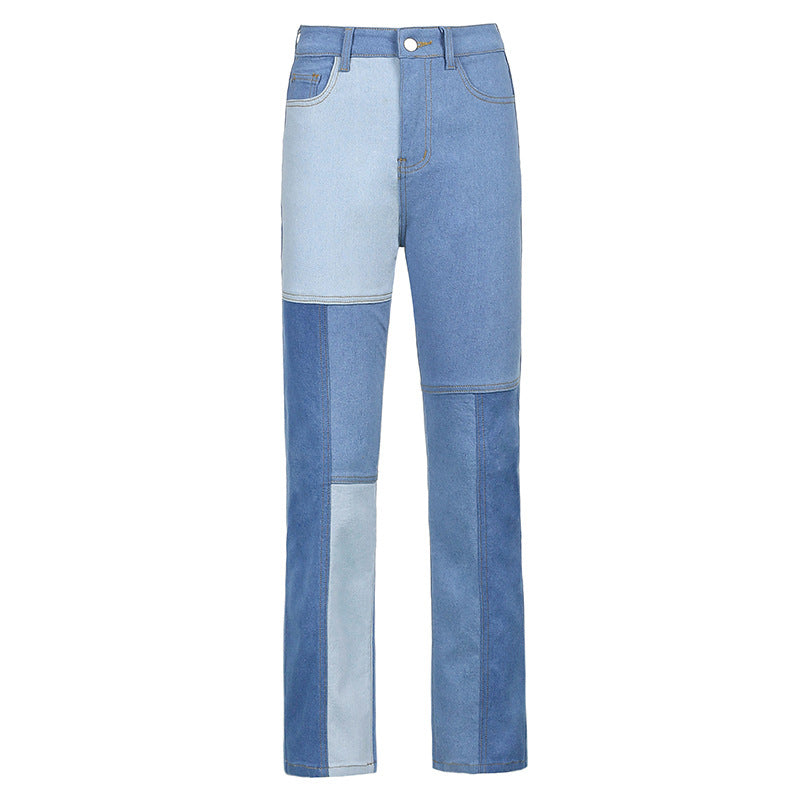 Asymmetric Stitching Contrast Color High-waist Jeans