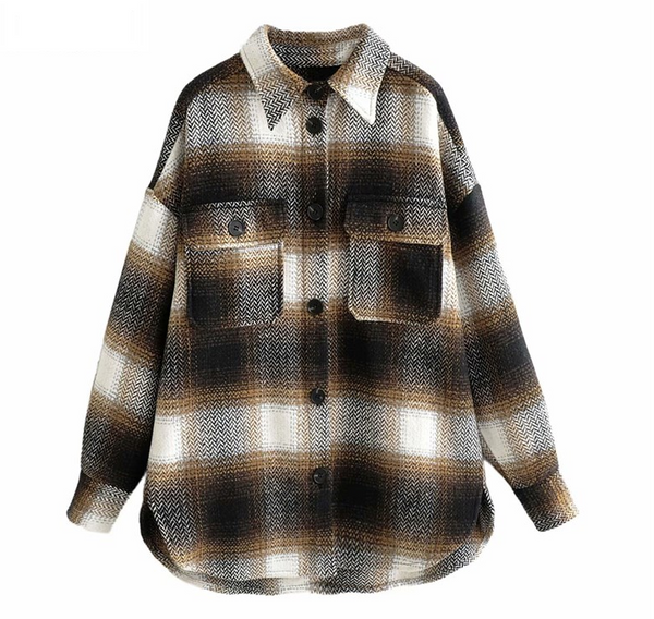 Single Breasted Long Sleeve Loose Plaid Coat