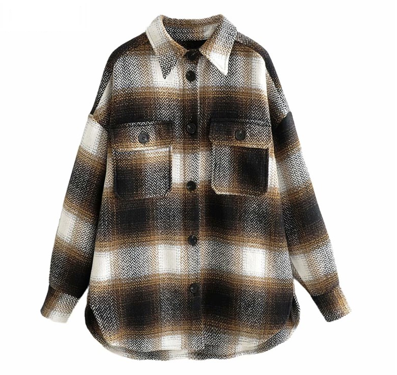 Single Breasted Long Sleeve Loose Plaid Coat