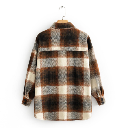 Single Breasted Long Sleeve Loose Plaid Coat