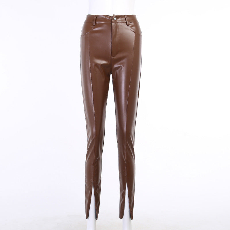 PU leather skinny casual mid-waist leather trousers