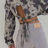 Long Sleeve Tie Dye Lapel French Blouse