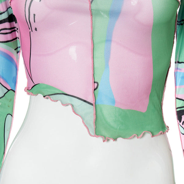 Round Collar Printed Pullover Long Sleeve Shirt