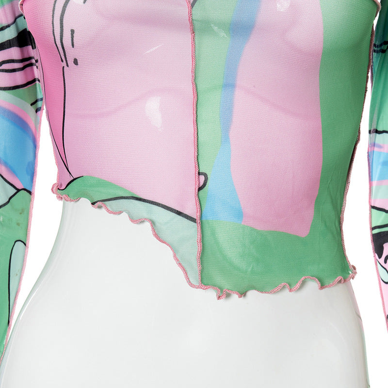 Round Collar Printed Pullover Long Sleeve Shirt