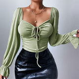 Sweet Drawstring Cutout Flared Sleeve Top