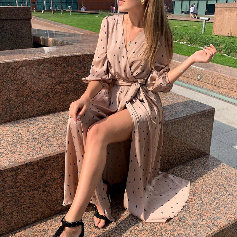 V-neck high waist lace up split holiday long dress