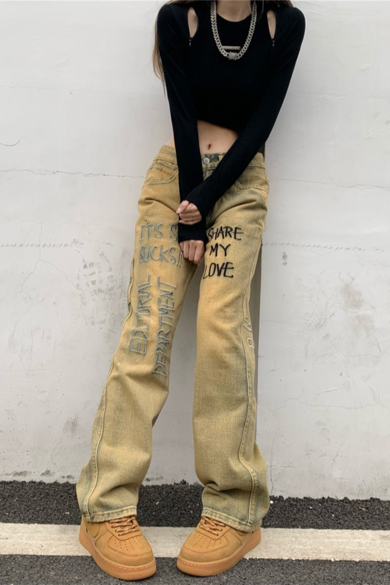 High Waist Slim Straight Loose Splash Jeans