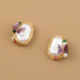 Pure Hand-made Copper Wire-wound Pearl Butterfly Earrings