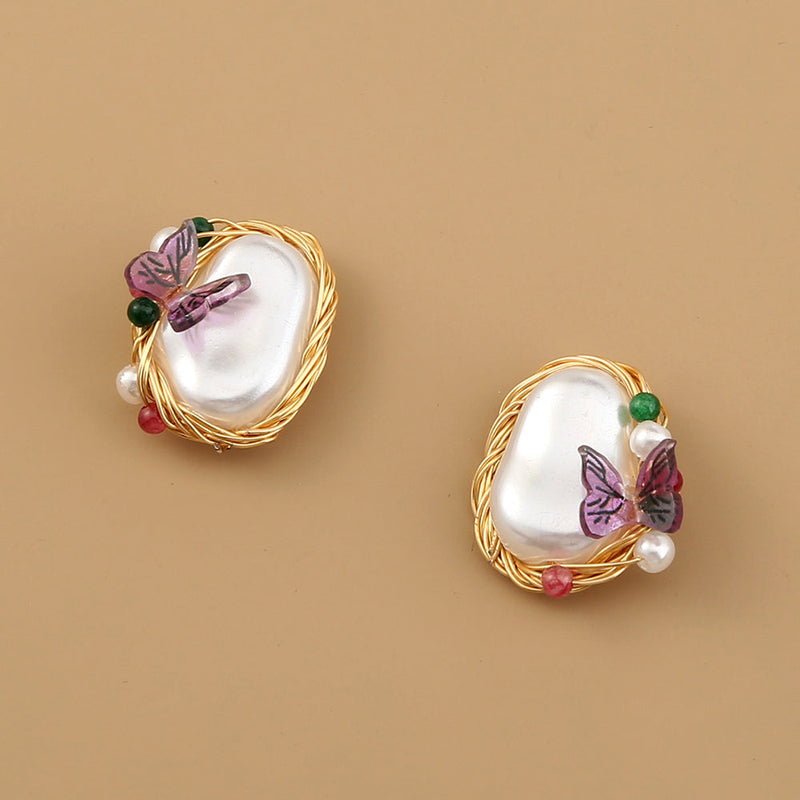 Pure Hand-made Copper Wire-wound Pearl Butterfly Earrings