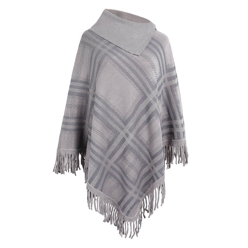 Women's Knitted Checkered Lapel Cape Shawl Coat