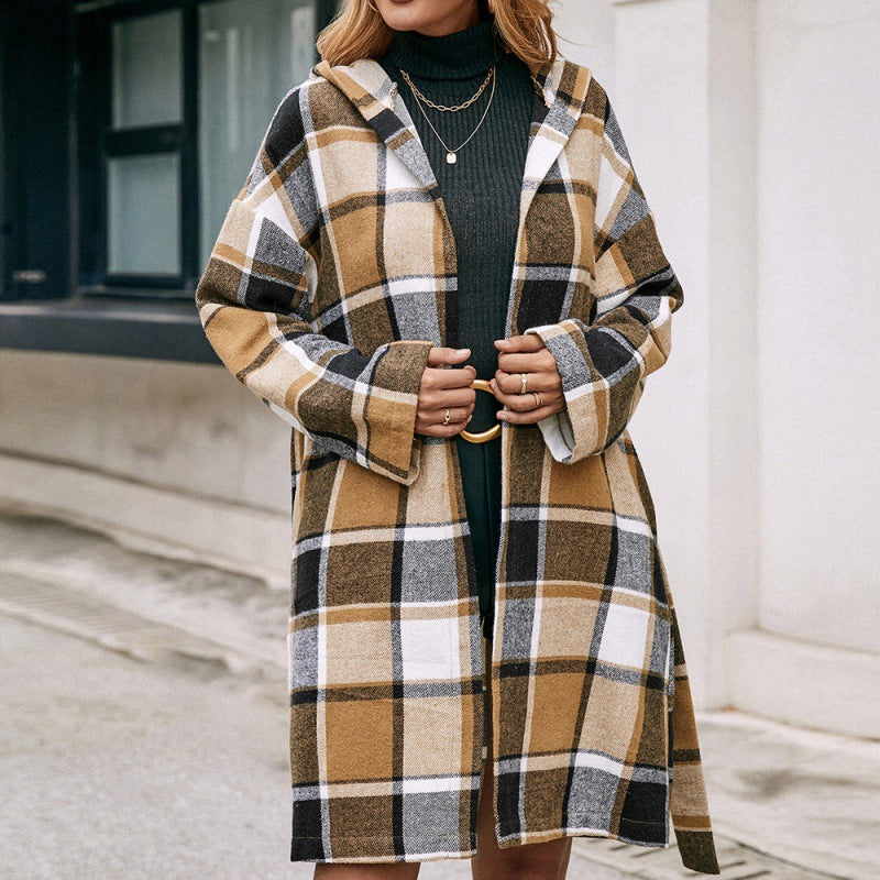 Loose Casual Plaid Mid-length Belted Coat