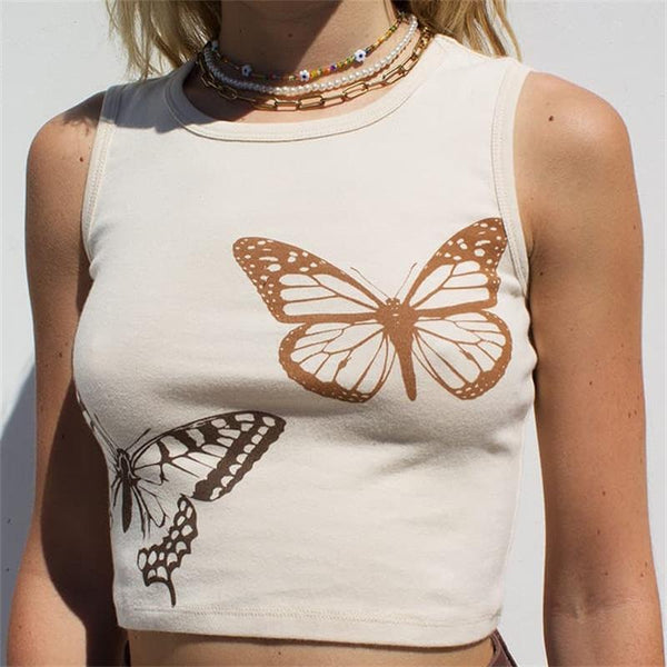 Butterfly Print Sleeveless Crewneck Tank Top
