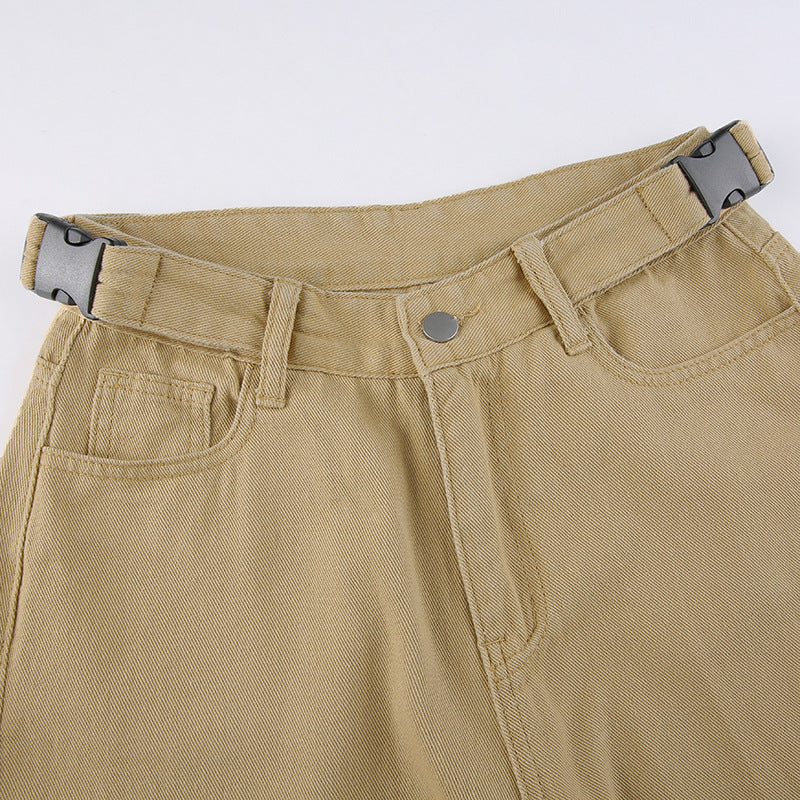 Khaki High-waist Straight-leg Casual Trousers