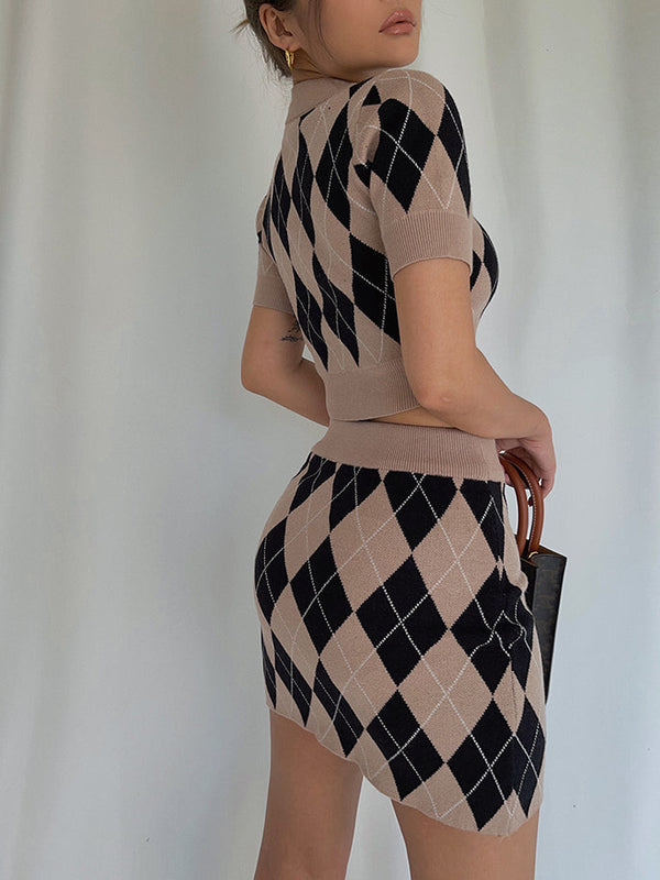 Retro Knitted High Waist Top Hip Skirt Suit