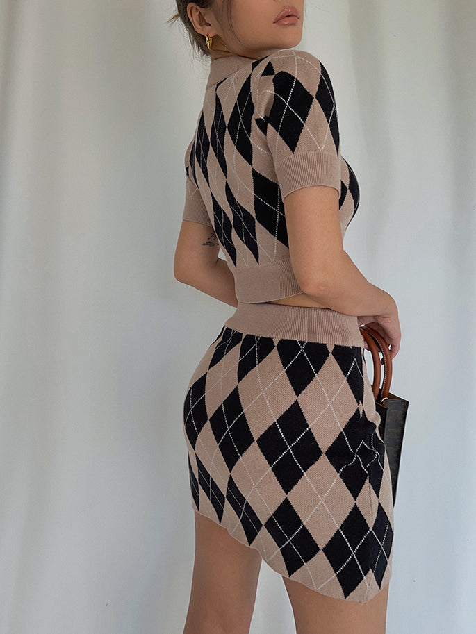 Retro Knitted High Waist Top Hip Skirt Suit