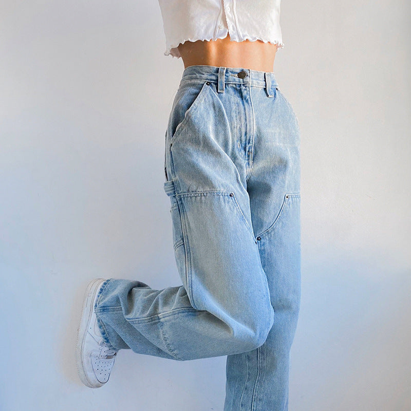 Blue Mom Jeans 90s Casual Loose Wide Leg Cargo Pants