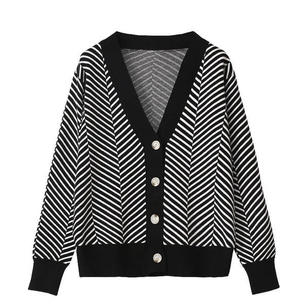 V Neck Diamond Striped Style Cardigan