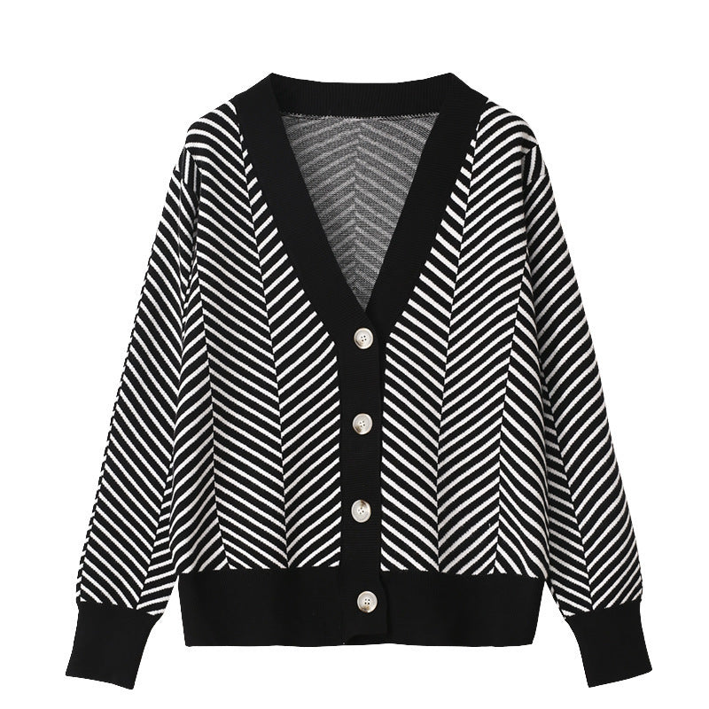 V Neck Diamond Striped Style Cardigan