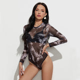 Sexy Mesh Long-sleeved Printed Bodysuit