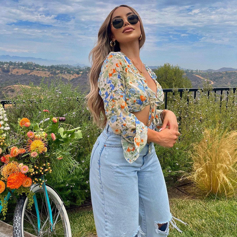 Printed Lace-up Flared Sleeve Chiffon Shirt