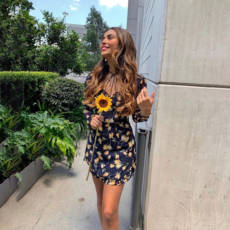 Floral Wood Ear High-Neck Tie Low-Cut Dress