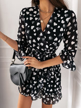 Printed Love V-neck Sexy Ruffled Dress