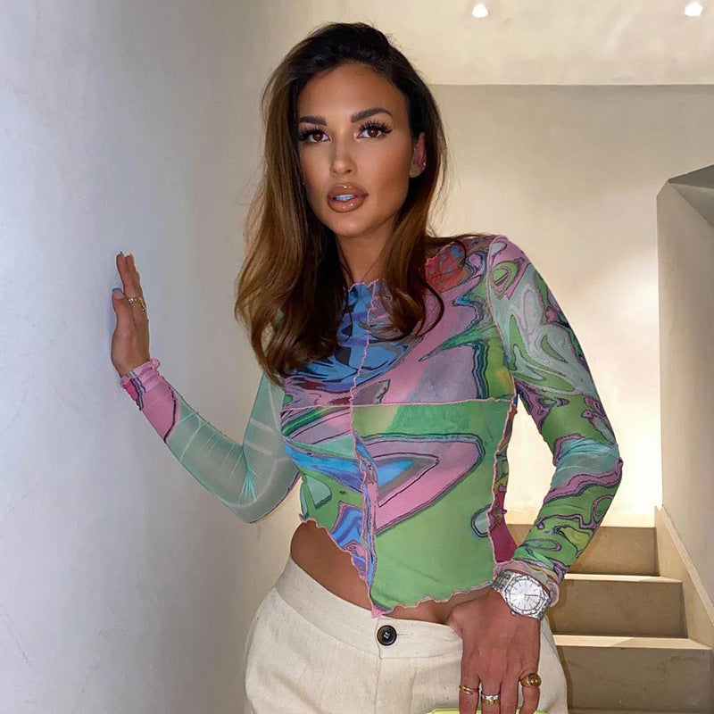 Round Collar Printed Pullover Long Sleeve Shirt