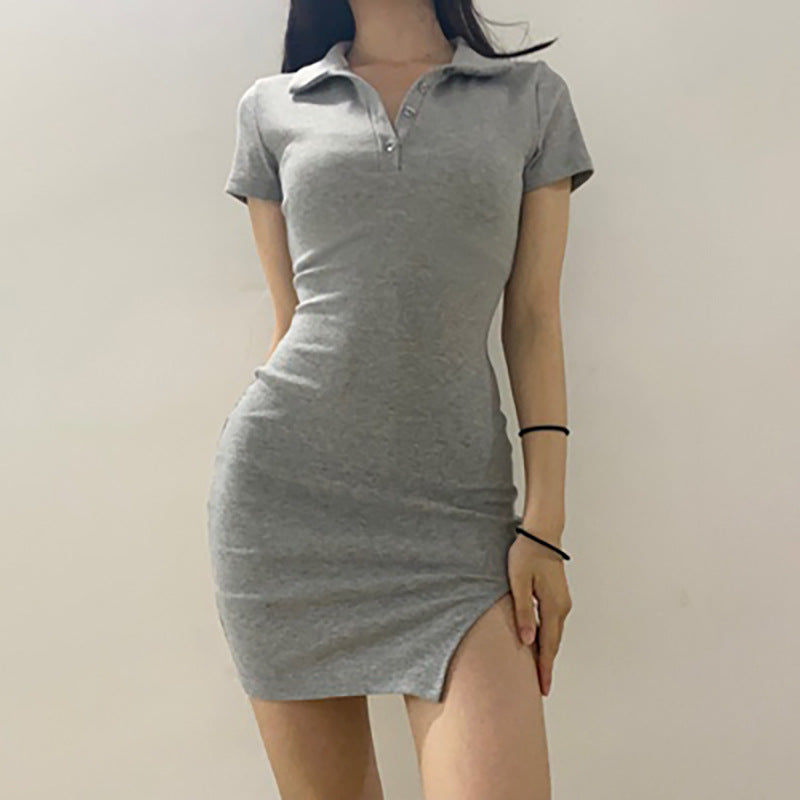 Fashionable Polo Collar Knitted Split Dress
