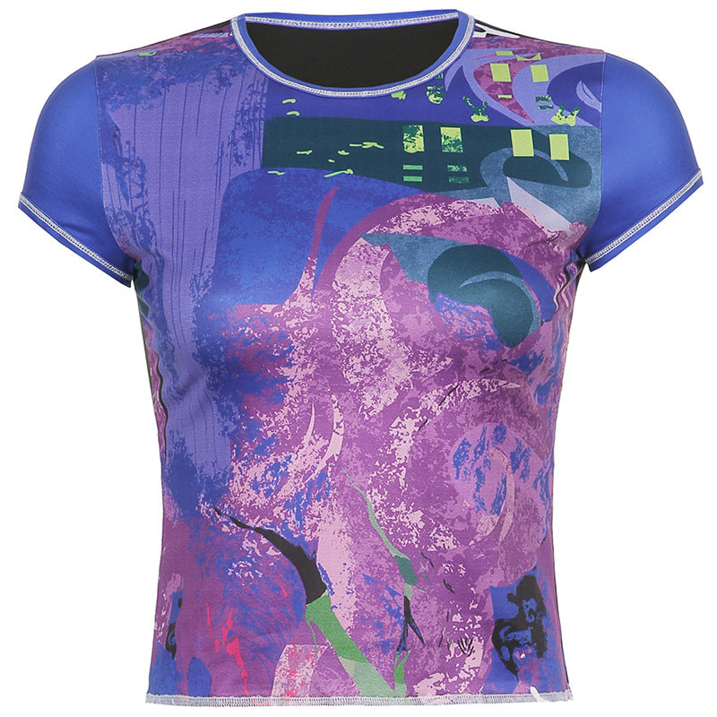 Contrast Printed Tight-fitting Short-sleeved T-shirt