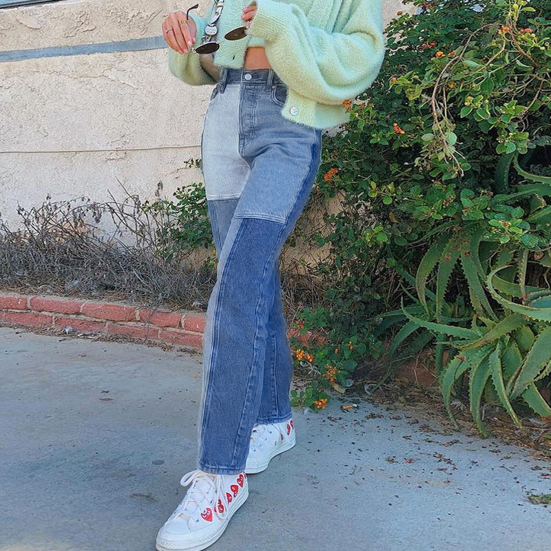 Asymmetric Stitching Contrast Color High-waist Jeans