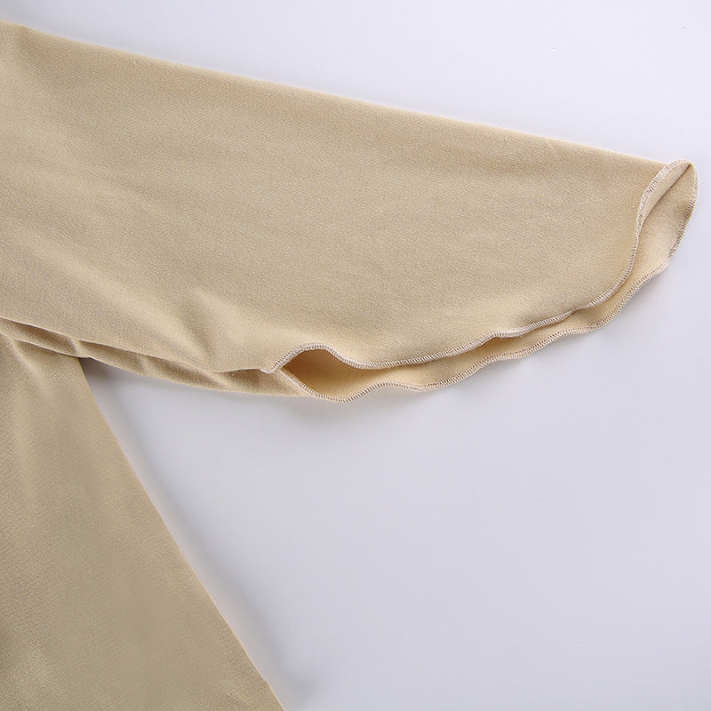 Khaki Fungus Trim Irregular Hem V-Neck Long Sleeve Top