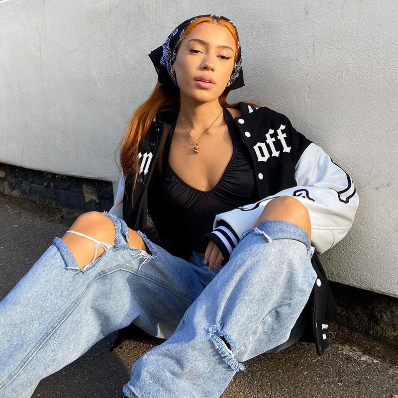 Letter Print Black And White Jacket