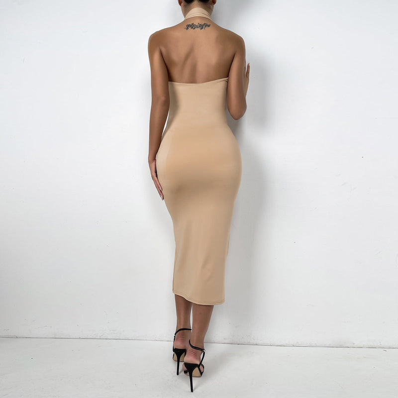 Drawstring sexy halter halter pleated dress