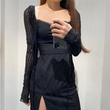 Square collar lace satin split dress