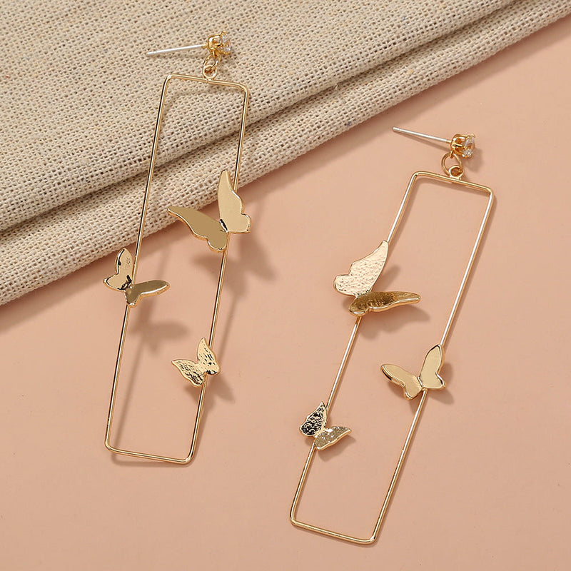 Long Geometric Metal Pop-up Butterfly Earrings