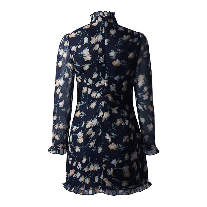 Floral Wood Ear High-Neck Tie Low-Cut Dress