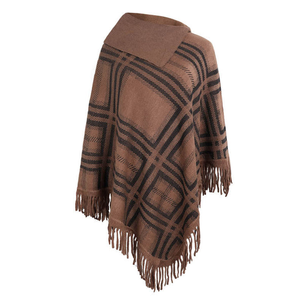 Women's Knitted Checkered Lapel Cape Shawl Coat