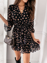 Printed Love V-neck Sexy Ruffled Dress