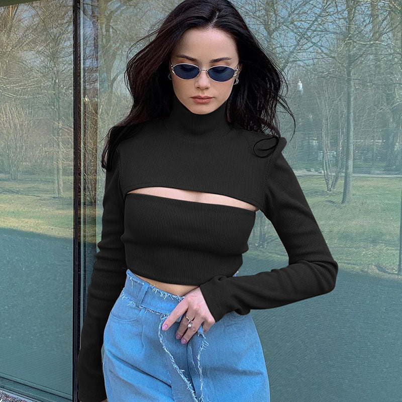 Hollow Slim Knit Long-sleeved Top Vest Suit