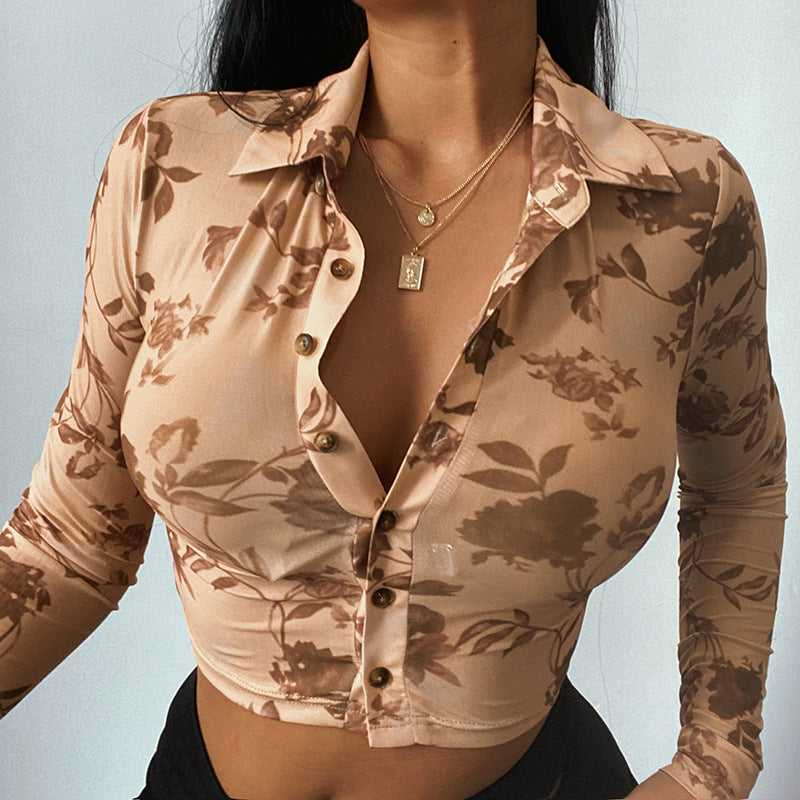 Printed Sexy See-through Long-sleeved Top Shirt