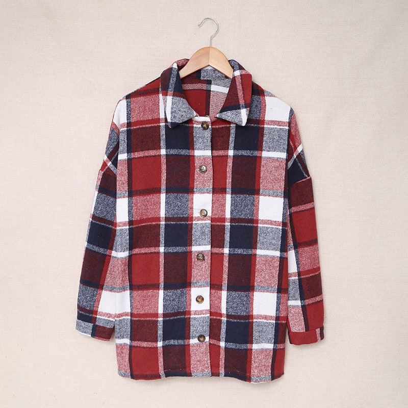Long-sleeved Lapel Button-breasted Plaid Shirt Jacket