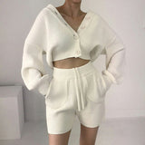 V-neck Knitted Cardigan High Waist Casual Shorts Suit
