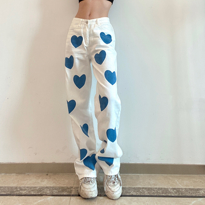 Love Print Contrast Color High-rise Jeans