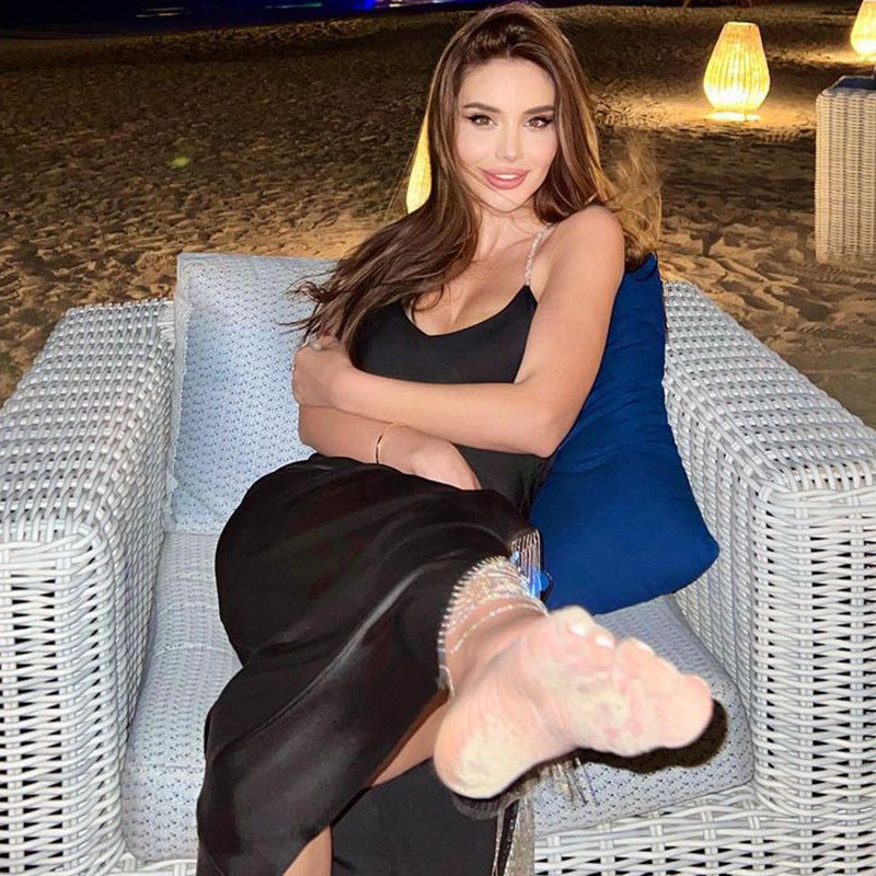 Rhinestone Sling Fringed Slit Dress