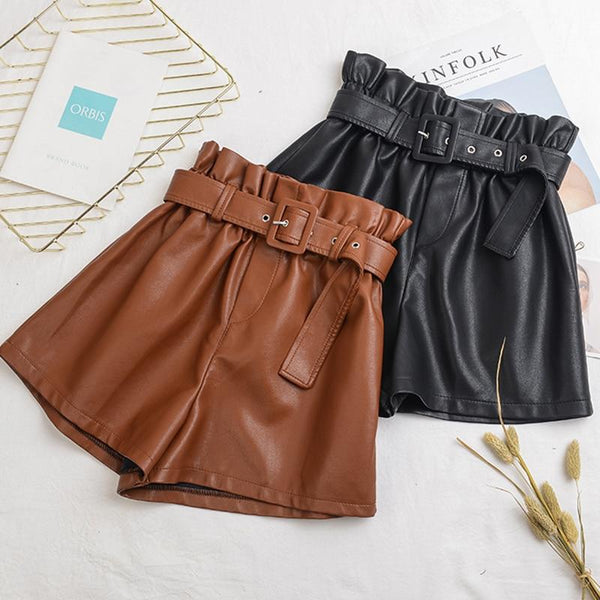 autumn and winter elastic waist high waist leather shorts